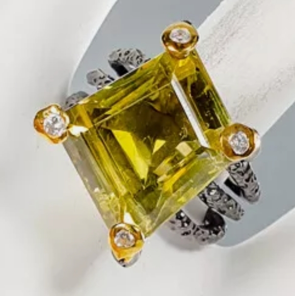 HUGE 16k biased diamond cut Natural Lemon Quarts Sterling & Rhodium ring sz8.5 - Picture 5 of 12